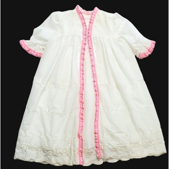 VTG Baby Christening Robe Dress Cover Up Coat Eyelet Lace Embroidered Flowers - Picture 2 of 14